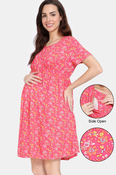 Buy Zivame Maternity Floral Pop Woven Knee Length Nightdress Coral Paradise at Rs.838 online Nightwear online